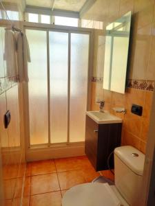 a bathroom with a toilet and a sink and a window at Sea view apartment in Alcalá in Alcalá