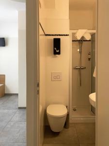 La salle de bains est pourvue d'une douche et de toilettes. dans l'établissement Hôtel De Porticcio, à Porticcio