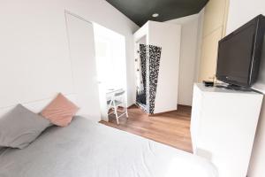a bedroom with a bed and a flat screen tv at Rooms Viktorin in Ptuj