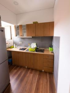 a kitchen with wooden cabinets and a sink and a refrigerator at Rooms Viktorin in Ptuj