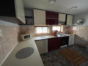 a kitchen with white cabinets and a stove top oven at Vila Enjoy in Văliug