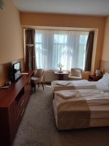 Habitación de hotel con cama grande y TV en D-Hotel en Gyula
