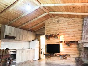 a kitchen with a wooden wall with a tv on it at Lodges VEIS in Kamenicë +34 photos
