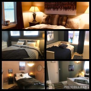 un collage de fotos de un dormitorio con 2 camas en COZY COTTAGE-VILLA CLOSE TO WINTER SPORTS, MOUNTAIN & LAKE - 10 Pers, en Mörsil
