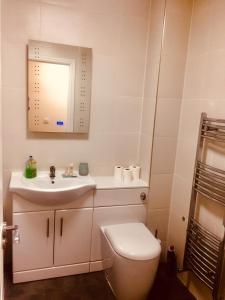 ein Badezimmer mit einem WC, einem Waschbecken und einem Spiegel in der Unterkunft Westminster House in Slough