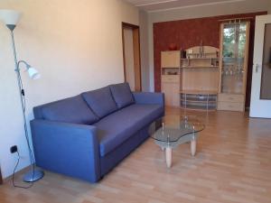 a living room with a blue couch and a glass table at Utuwe in Altenau