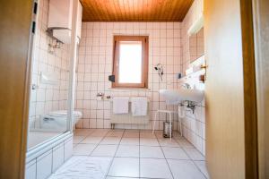 een badkamer met een wastafel, een toilet en een bad bij Appartementanlage Marianne in Merkendorf