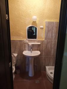 un bagno con lavandino, specchio e WC di Gostevoi dom Batumi. a Batumi