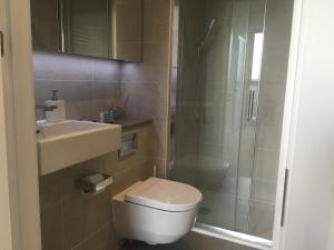 uma casa de banho com um chuveiro, um WC e um lavatório. em LUXURY SERVICED APARTMENT***** em Croydon