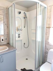 W łazience znajduje się prysznic i umywalka. w obiekcie Ásgeirsstaðir Holiday Homes w mieście Ásgeirsstaðir