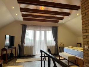 een slaapkamer met een bed, een tv en een raam bij Holiday Home Siraly in Miskolctapolca