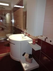 ein Badezimmer mit einem weißen Waschbecken und einem WC in der Unterkunft Casa Tevere in Syrakus