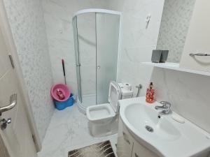 a bathroom with a shower and a toilet and a sink at Linda apartment in Ulcinj