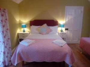 a bedroom with a bed with a pink blanket and two lamps at Abbeyview House in Abbeyshrule
