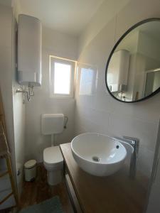 W łazience znajduje się umywalka, toaleta i lustro. w obiekcie Apartment Ella w mieście Zadar