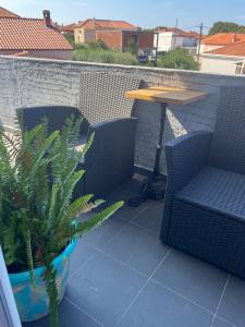 patio z 2 krzesłami, stołem i rośliną w obiekcie Apartment Ella w mieście Zadar