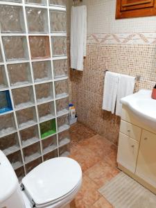 een badkamer met een toilet, een wastafel en een douche bij Cala Ferrera HOME&ME in Felanitx