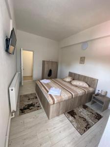 a bedroom with a large bed in a room at Pensiunea La Doinel in Densuş