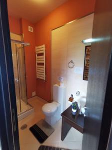 łazienka z toaletą i umywalką w obiekcie Belvedere Resort Moieciu w mieście Moieciu de Jos