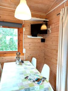 a teddy bear sitting on a table in a room at Ásgeirsstaðir Holiday Homes in Ásgeirsstaðir