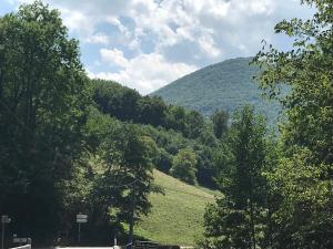 vistas a una montaña con árboles y una carretera en Chambre d'hôte aux Pivoines, en Nistos