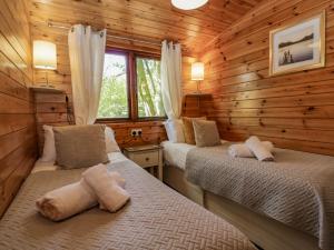 溫德米爾的住宿－Scafell Lodge，小木屋内一间卧室,配有两张床