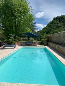 een zwembad met blauw water in een tuin bij Aux mille et une senteurs 