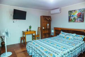um quarto com uma cama, uma secretária e uma televisão em Hospedaje Garcilazo em Yurimaguas