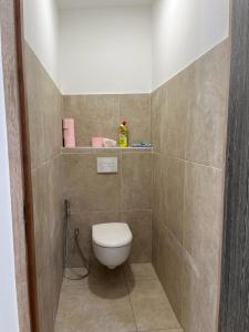 a bathroom with a toilet in a tiled room at Superbe maison de ville, rénovée à 15 min de Lyon in Saint-Symphorien-dʼOzon