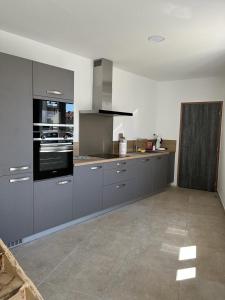 a kitchen with gray cabinets and a stove top oven at Superbe maison de ville, rénovée à 15 min de Lyon in Saint-Symphorien-dʼOzon