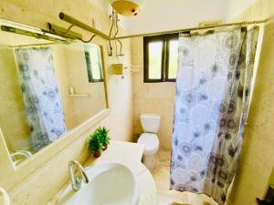 ハルガダにあるTamburine Chalet with Wi Fi Hurghada centerの洗面台、トイレ、鏡のあるバスルーム +38枚の写真