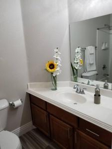 a bathroom with a sink with a vase of flowers on it at A - Fully remodeled and professionally decorated in Las Vegas