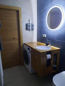 a bathroom with a sink and a washing machine at Mini-Apartment Admont in Admont