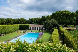 - une piscine dans un jardin avec des personnes dans l'établissement Quinta Do Martelo, à Angra do Heroísmo