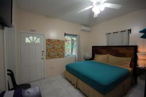 1 dormitorio con 1 cama y ventilador de techo en BELIZE TROPICAL DREAM VILLAS en San Pedro