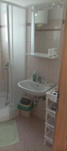 a bathroom with a sink and a mirror at Feel good apartment in Banjol