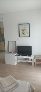 un soggiorno bianco con TV e divano di Feel good apartment a Banjol