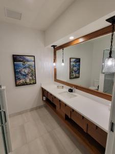 baño con lavabo y espejo grande en Kilmorey Lodge, en Waterton Park