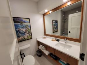 W łazience znajduje się umywalka i lustro. w obiekcie Kilmorey Lodge w mieście Waterton Park