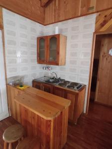a small kitchen with a sink and a stove at Cabaña Los Maquis in Licán Ray