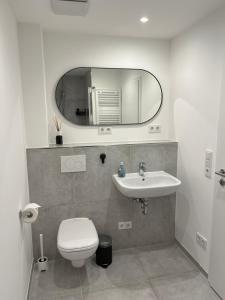 ein Badezimmer mit Toilette, Waschbecken und Spiegel in der Unterkunft Strandnah und ruhig mit Tiefgaragenstellplatz in Sierksdorf