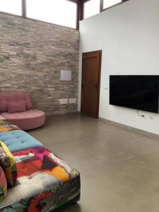 sala de estar con sofá y TV de pantalla plana en Vivienda vacacional Agripina, en Echedo