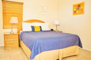 a bedroom with a large bed with a blue blanket at Northside Hideaway in St Thomas