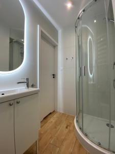 a bathroom with a glass shower and a sink at La Playa Apartments in Hel