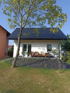 a house with a blue roof with chairs and a tree at Agroturystyka u Basi in Wola Kalinowska