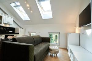 a living room with a couch and some skylights at Studio Carolyne Bistrita in Bistriţa
