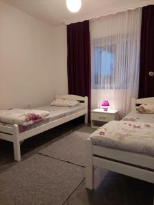 1 dormitorio con 2 camas y ventana en Apartman Amelaa en Kulen Vakuf