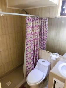 a bathroom with a toilet and a shower curtain at Tormalyn Spa in Coquimbo +12 photos