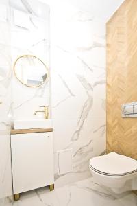 La salle de bains blanche est pourvue de toilettes et d'un miroir. dans l'établissement Golden Mountain, à Lądek-Zdrój