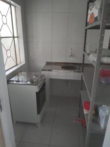 a kitchen with a stove and a sink and a ladder at Sítio Porta das Águas in Caxambu